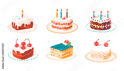Hand drawn trendy Vector illustration Set of Cakes with candle cherry  cream  Retro style. Sweet tasty food  Party  wedding  anniversary  celebration  birthday concept  Desserts  confectionery.