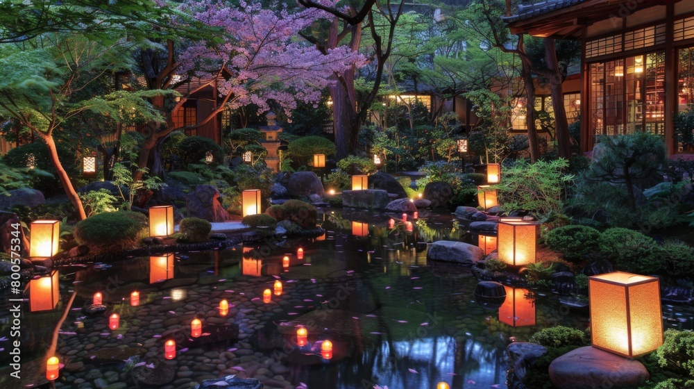 A traditional Japanese garden adorned with sakura lanterns, creating a magical ambiance for evening strolls.