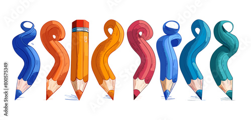 Hand drawn Vector illustration of Set of colored Pencils in various conditions. Twisted, bended, curved pencil. Back to school, teacher's day concept, Abstract modern style,  School supplies. photo