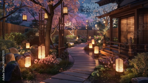 A traditional Japanese garden adorned with sakura lanterns, creating a magical ambiance for evening strolls.