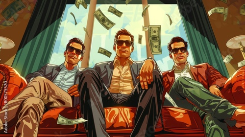 Three men in suits sitting on a couch, smoking cigars and surrounded by money.