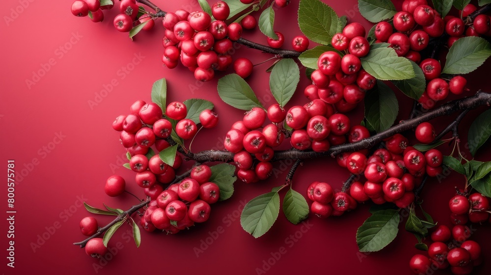 a bunch of red berries on a branch with green leaves a bunch of red berries on a branch with green leaves