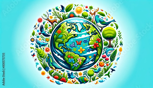 A stylized portrayal of the Earth encompassed by flora and fauna highlights the interconnectedness of ecosystems and the importance of conservation. International Day for Biological Diversity