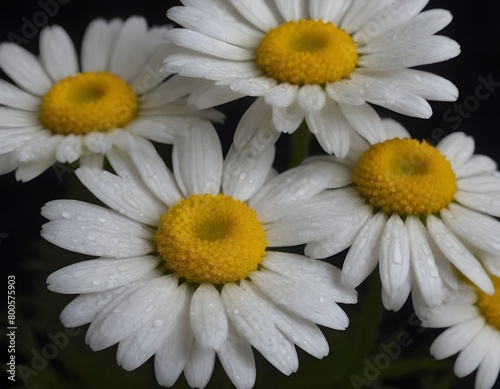 Dew-Covered White Daisies Blooming Against a Dark Background in Early Morning