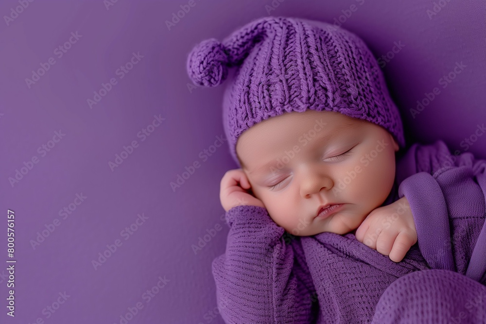 Sleeping baby in a hat on purple background with copy space. Sleeping baby in a hat on purple background with copy space.