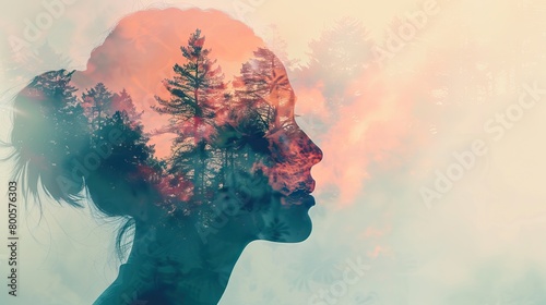 Double exposure of person and Digital Illustration 3d Rendered forest. AI generated illustration © Gulafshan