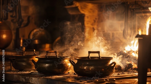 A traditional kitchen scene with pots simmering over an open fire, capturing the rustic charm of old-world cooking techniques.