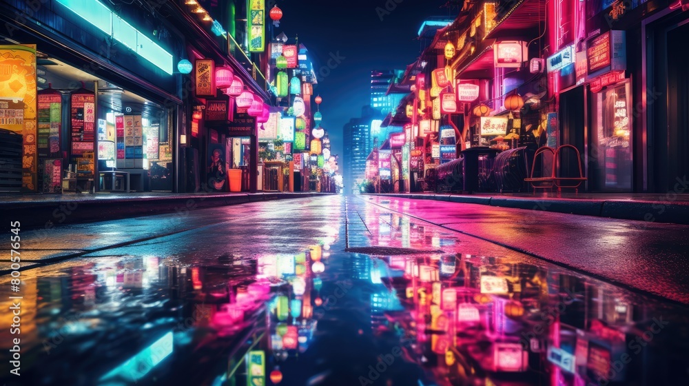 A closeup neon-lit city street at night, with a moody, cinematic vibe and vibrant colors that pop against the dark background