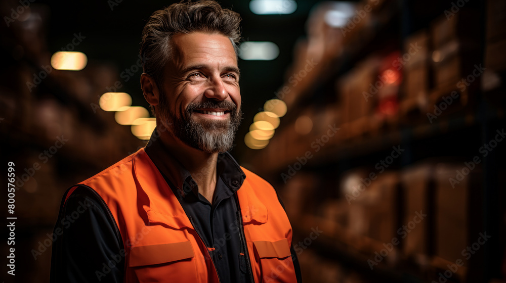 Fototapeta premium Cheerful Warehouse Supervisor in High Visibility Vest.Generative ai.