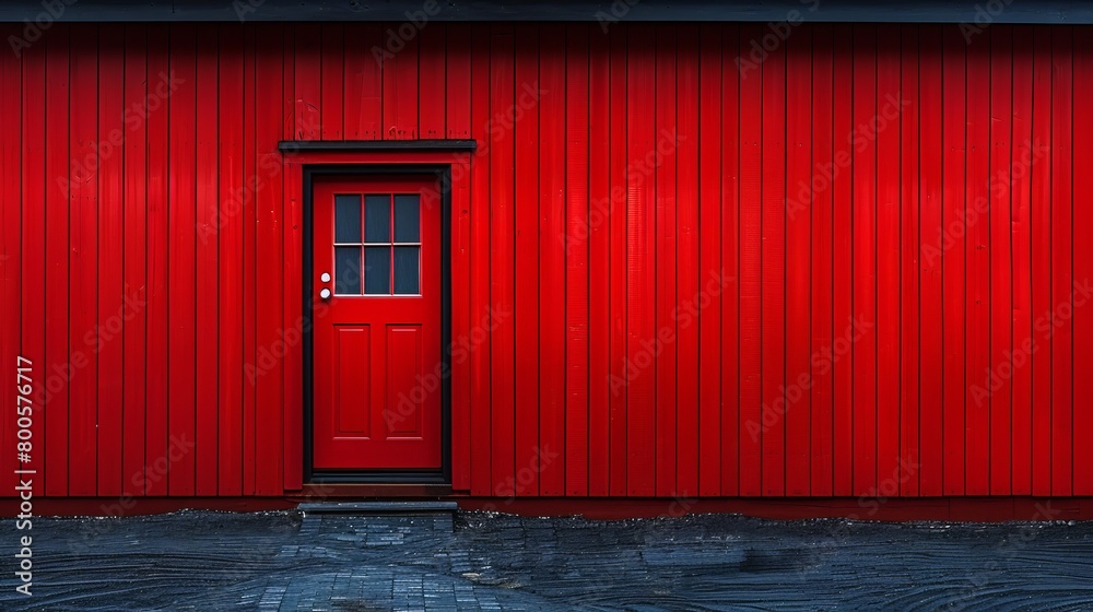 a red door and a brick walkway in front of a red building a red door and a brick walkway in front of a red building