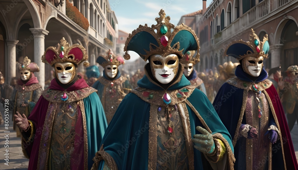 A Highly Realistic Rendering Of A Venetian Carnival  With Characters Wearing Intricate  Gem Encrusted Masks And Velvet Capes (4)