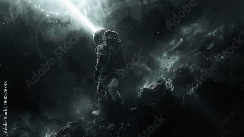An astronaut 3D pierces through a shadowy backdrop with a beam of light, echoing themes of hope and enlightenment .Background illustrations photo