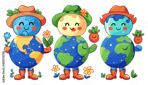 Hand drawn trendy Vector illustration Cartoon style cute Earth globe with emotions, face, arms, hats and legs in boots. Set of Planet Earth characters. World Earth Day, caring for nature concept.  photo