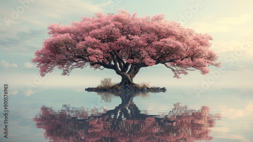 a tree with pink flowers is reflected in the water
