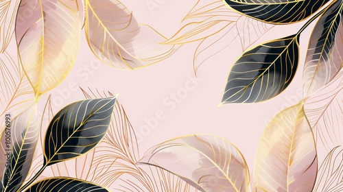 A tasteful and opulent pattern with black leaves highlighted by gold accents on a pink backdrop photo