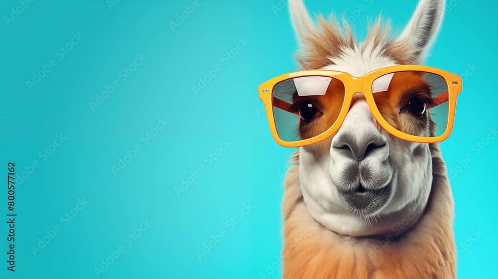 Llama in sunglass shade glasses isolated on solid pastel background, commercial, editorial advertisement, surreal surrealism.