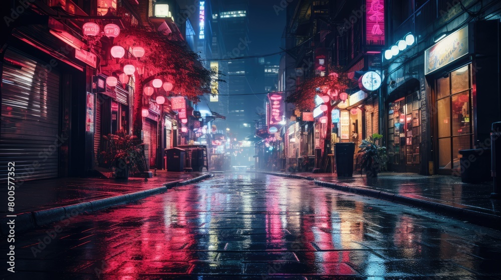 An illustration neon-lit city street at night, with a moody, cinematic vibe and vibrant colors that pop against the dark background