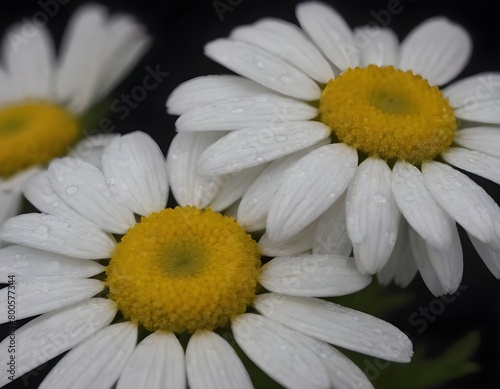 Dew-Covered White Daisies Blooming Against a Dark Background in Early Morning