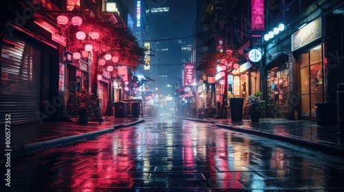 An illustration neon-lit city street at night, with a moody, cinematic vibe and vibrant colors that pop against the dark background © positfid