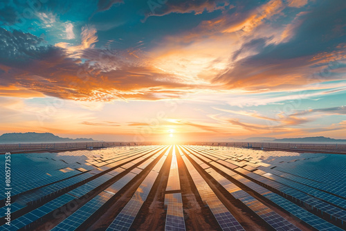 A panoramic view of a vast solar farm at sunrise with rows of solar panels stretching towards the horizon  