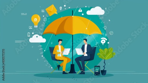 Businessmen find shelter under the umbrella of protection while using electronic equipment, symbolizing the importance of electronic device insurance and the emerging trend in insurance policies.