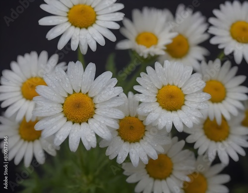 Dew-Covered White Daisies Blooming Against a Dark Background in Early Morning