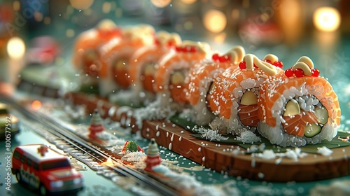  A macro shot of a sushi meal on a platter, surrounded by chopsticks and a plaything vehicle in the distance
