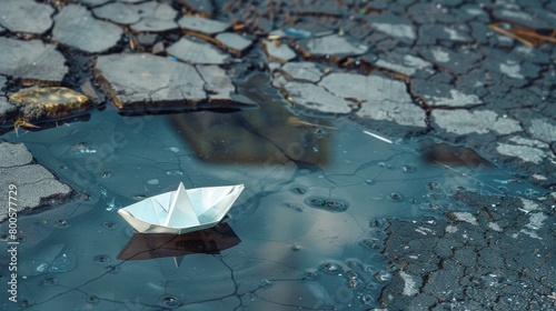 Paper boat on a puddle with cracked asphalt