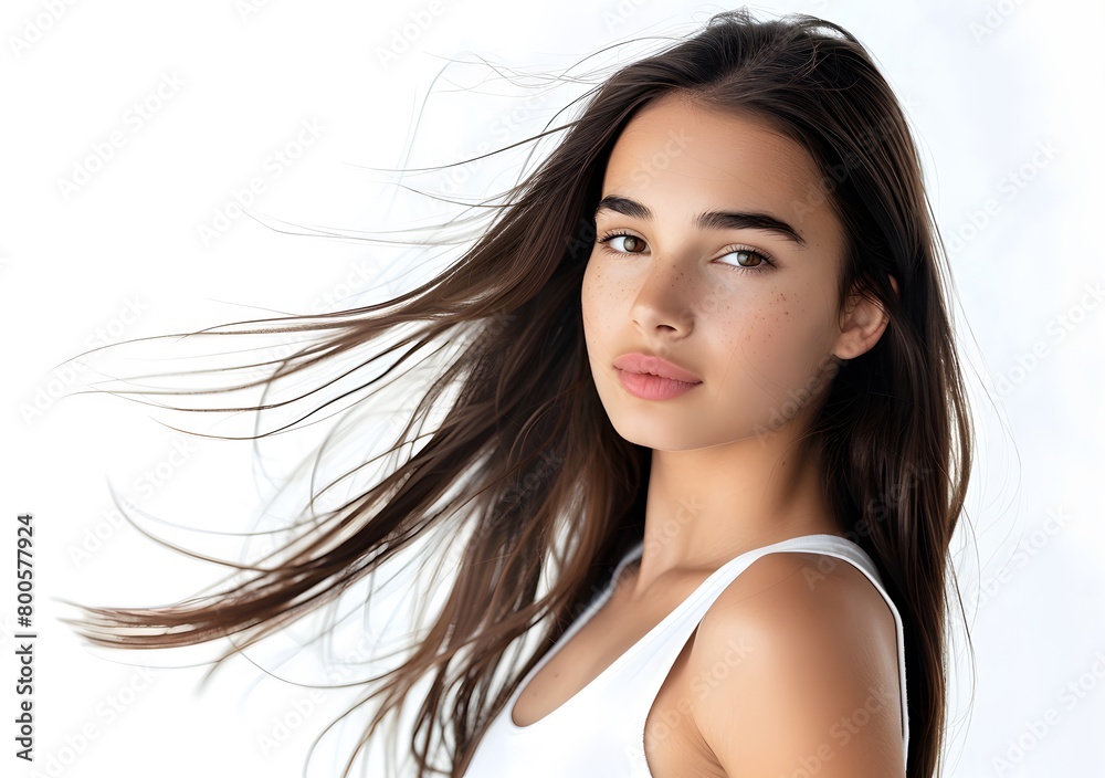 Young girl with brown long hair flying in the wind. On a white background. Young girl with brown long hair flying in the wind. On a white background.