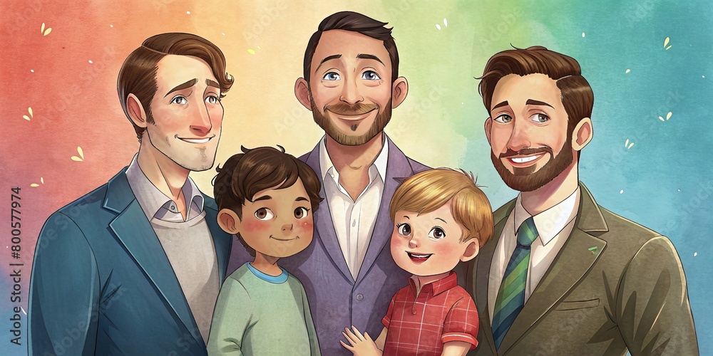 Illustration of a same-sex couple with child in a cheerful family photo