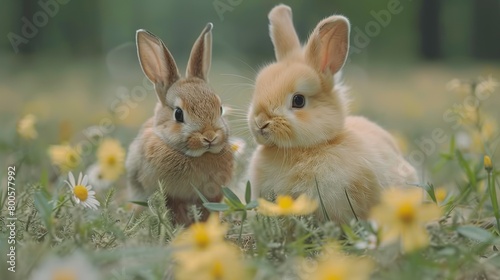  A pair of rabbits resting beside one another atop a green field of grass surrounded by a forest of yellow blossoms