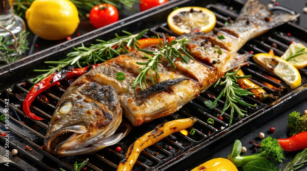 Appetizing whole grilled fish served with colorful vegetables, conveying freshness and homemade cuisine Appetizing whole grilled fish served with colorful vegetables, conveying freshness and homemade cuisine