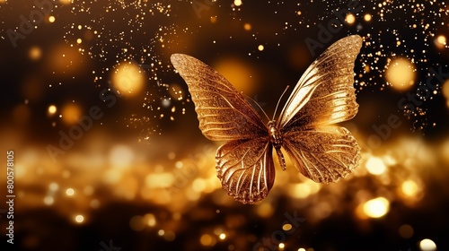 Magic night butterfly gold glitter golden dust nature background. photo