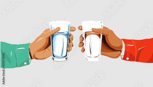 Cartoon style hand drawn abstract trendy Vector illustration of stretched, flexible long human hands holding coffee cup and glass of water with boneless elastic arms. Poster, card, print.