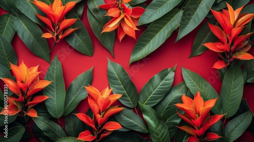 a red background with a bunch of green leaves