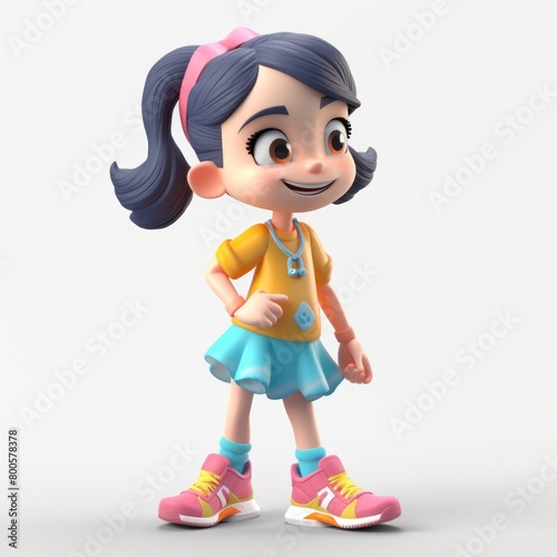 An illustration 3D character in Notion style  with a happy expression  wearing a dress and sneakers  cartoon shaded model with bright colors