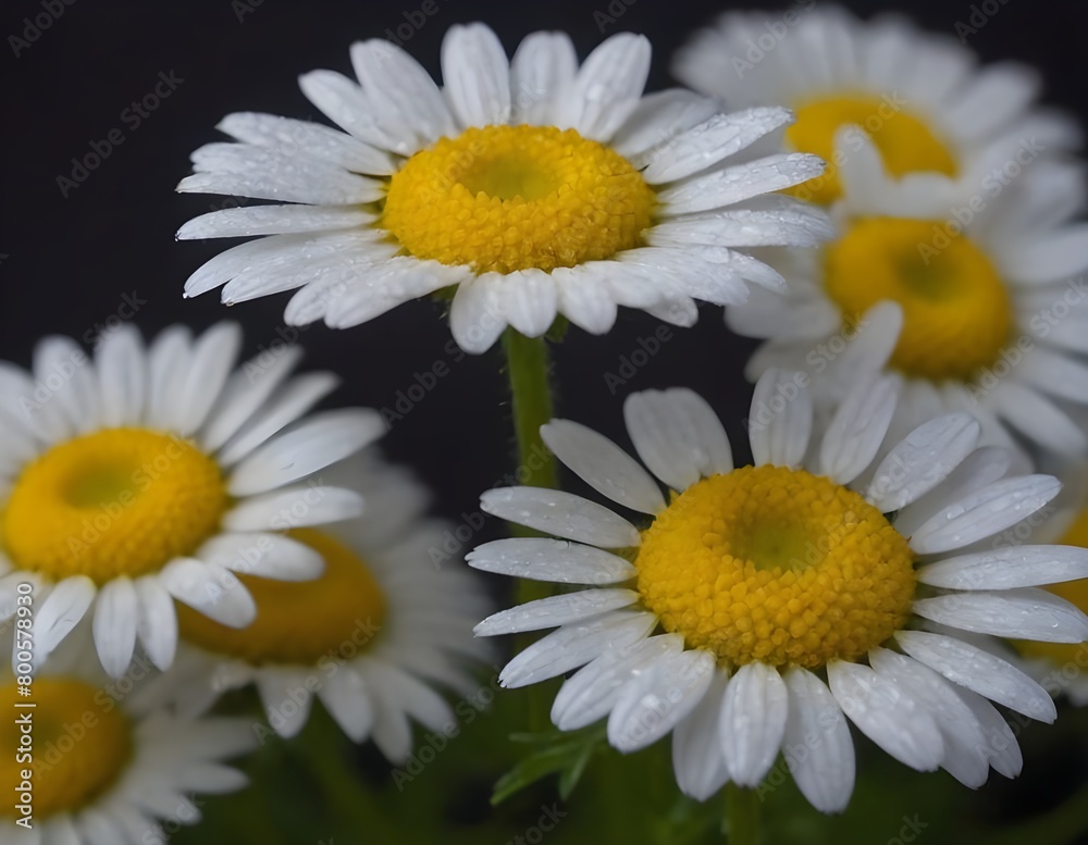 Obraz premium Dew-Covered White Daisies Blooming Against a Dark Background in Early Morning