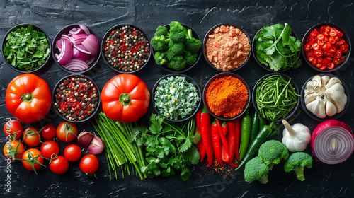 A set of healthy food on a black stone table. AI.