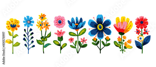 Hand drawn trendy Vector illustration, Various abstract Flowers. Set of colorful unique design elements. Sticker, poster, print templates. All elements are isolated. Floral patterns, artistic motifs.