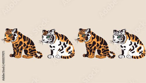 Hand drawn trendy Vector illustration of various abstract Tigers or leopards in unique, cartoon, quirky style, Funny characters for poster, print, sticker, tattoo, card templates. Wildlife, humor