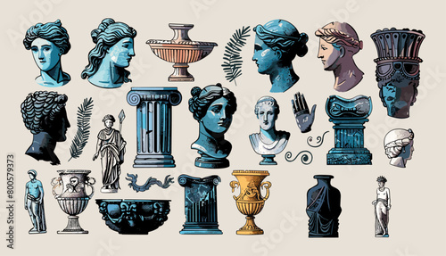 Classic statues in modern style, Various Antique statues, Heads of woman, knight, horse. Mythical, ancient greek style. Hand drawn Vector illustration, Sculptures, ancient art, Greek mythology.