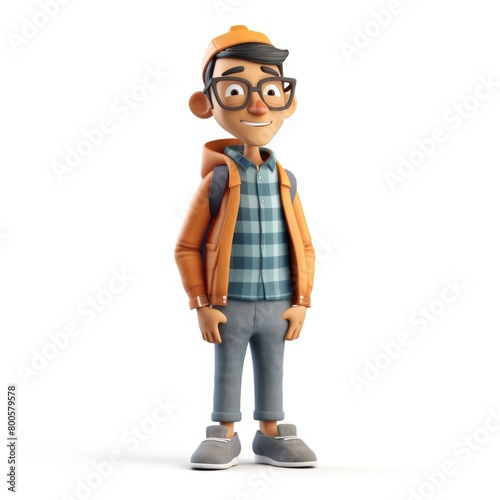 A graphics 3D character in Notion style, with a vibrant personality and casual attire, standing on a white background