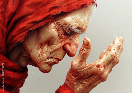 an old woman with a red scarf and a red head scarf praying © LUPACO C