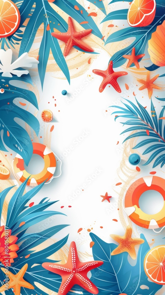 Fototapeta premium Summer background with tropical beach elements. Generative AI.