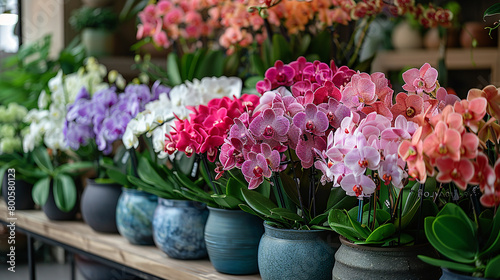 A vibrant display of bouquets featuring elegant orchids in shades of white  pink  and purple  arranged with lush greenery