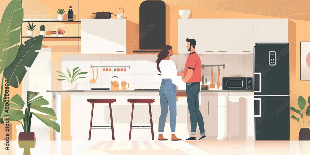 A couple interacts in smart kitchen at homemodern technology. A couple interacts in smart kitchen at homemodern technology.