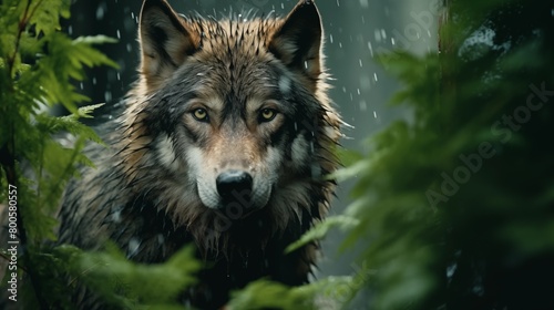 oncentrated wild wolf with looking at camera in the rain amidst green leaves lush forest.