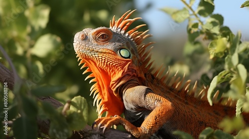 orange and green iguana with spiky crests surveys its surroundings from atop a tree branch blending with the foliage.