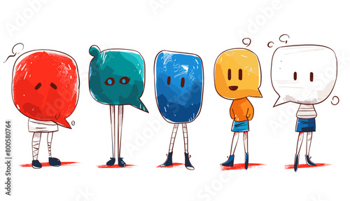 Hand drawn Vector illustration, Cute isolated characters with speech bubbles instead of bodies. Various Speech Bubbles with legs. Advertising, message, fashion, texting, meeting concept. Communication photo