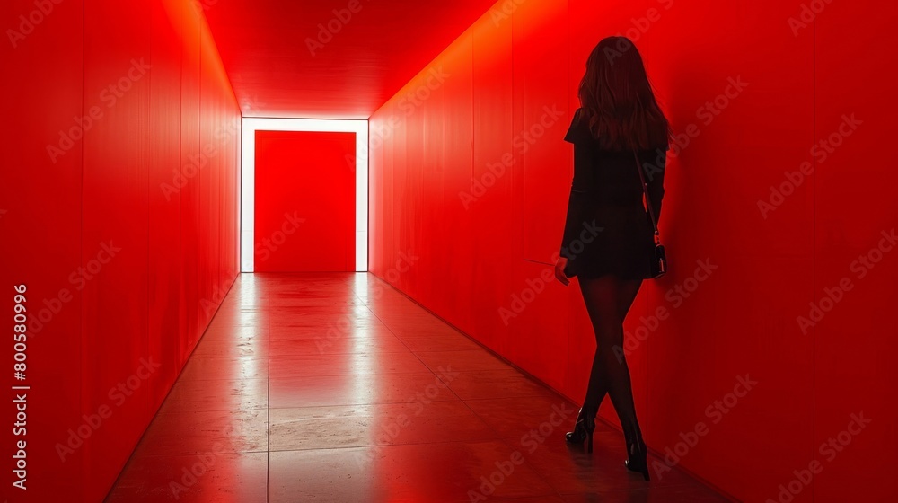a woman standing in a red hallway with a red light